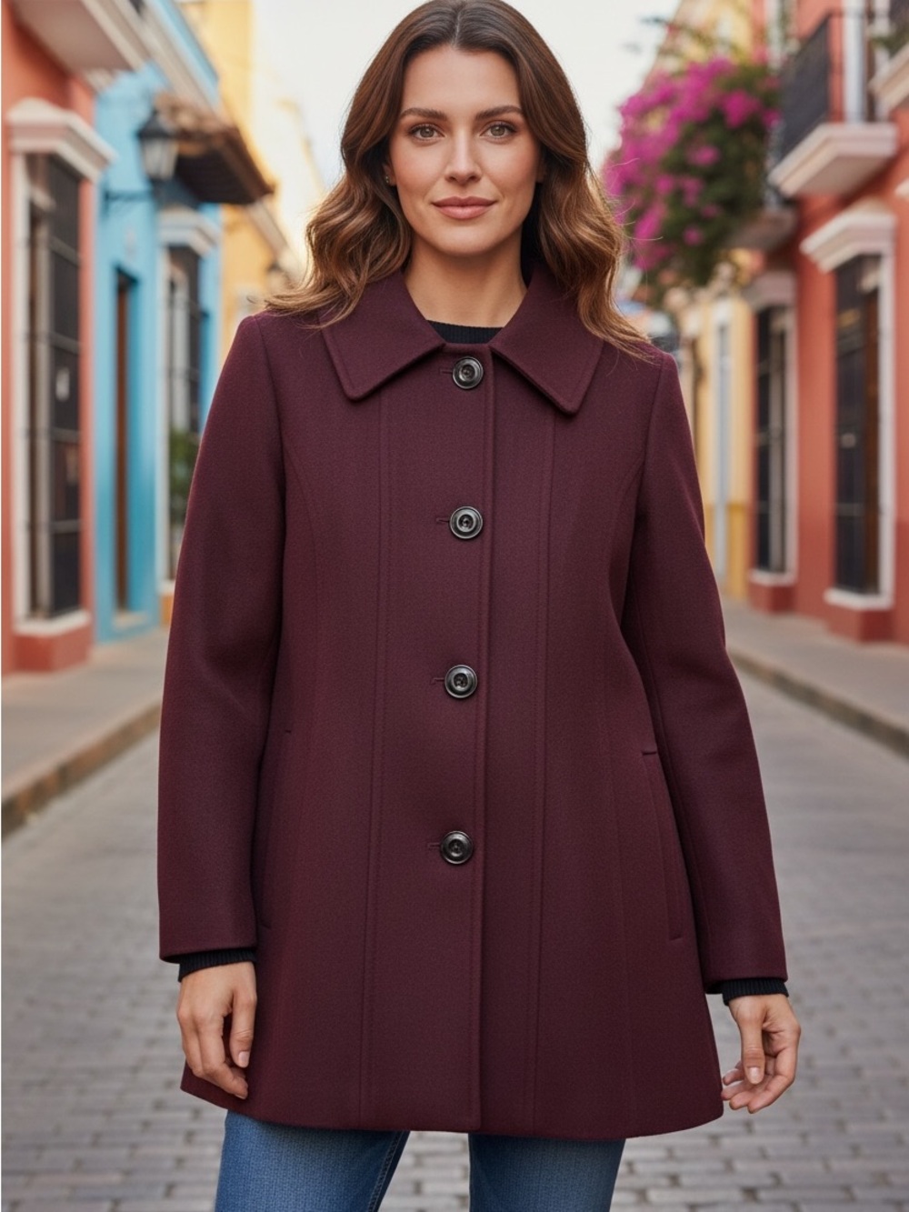 Women’s Burgundy Button-Front Coat